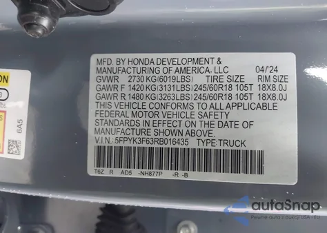 2024 Honda Ridgeline Trailsport z USA, uszkodzony, nr VIN 5FPYK3F63RB016435